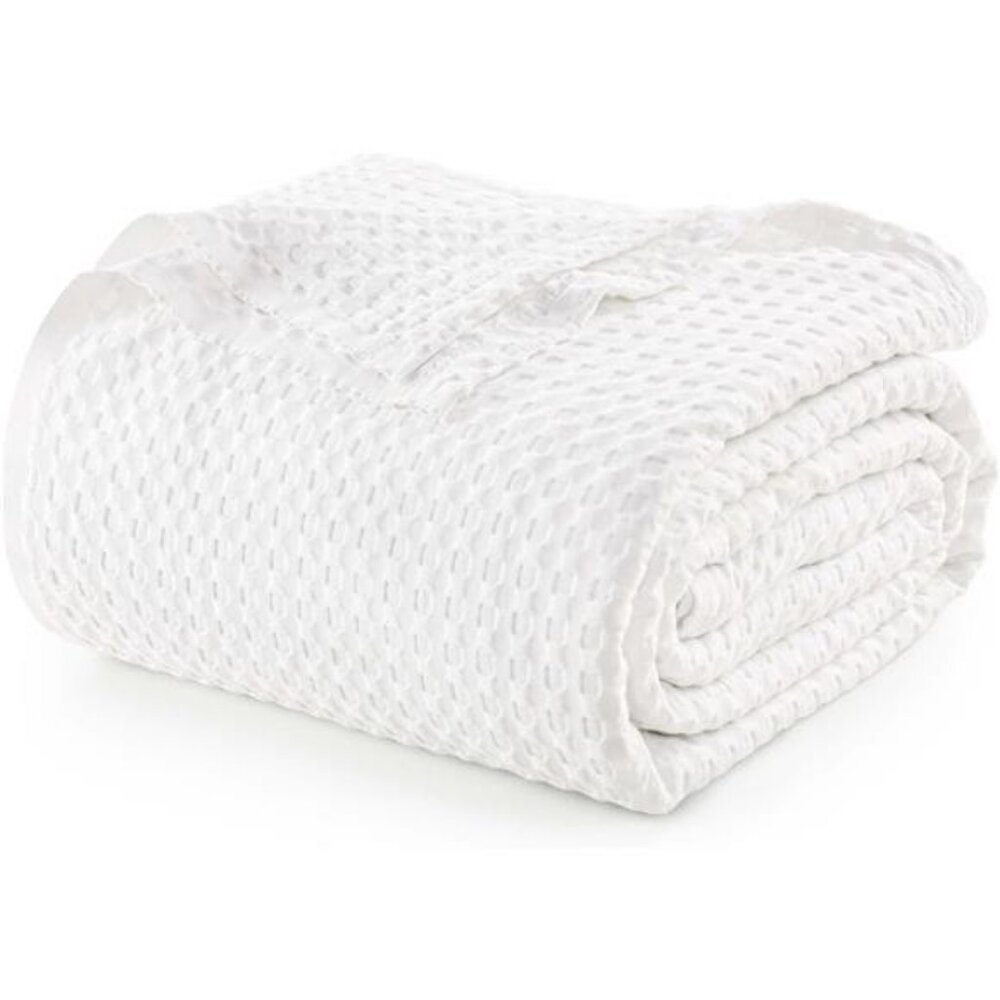 Bedding White 100% Cotton Waffle Blanket 300 GSM [Queen - 90x90 Inch]